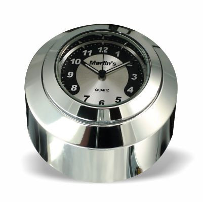 Marlin's Chrome Motorcycle Clock FSBC2 Large Billet Fork Stem Mount Fits Softails® (Does Not Fit Springers®),  ‘06 - Current and Dynas®,  Wide Glides®, FXDWG® most VRSC™ with Black and Silver Horseshoe Clock Face