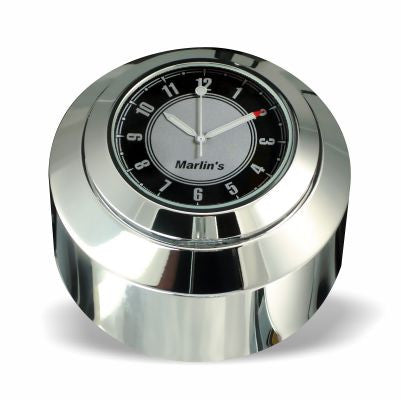 Marlin's Chrome Motorcycle Clock FSBC2 Large Billet Fork Stem Mount Fits Softails® (Does Not Fit Springers®),  ‘06 - Current and Dynas®,  Wide Glides®, FXDWG® most VRSC™ with CLASSIC Black and Silver Clock Face