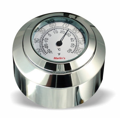 Marlin's Chrome Motorcycle Clock FSBC2 Large Billet Fork Stem Mount Fits Softails® (Does Not Fit Springers®),  ‘06 - Current and Dynas®,  Wide Glides®, FXDWG® most VRSC™ with Radiant White (Fahrenheit /Small Celsius Scale) Face
