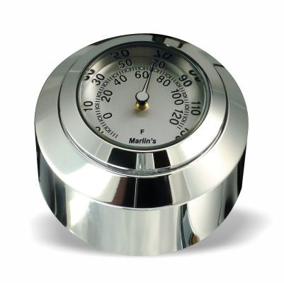 Marlin's Chrome Motorcycle Clock FSBC2 Large Billet Fork Stem Mount Fits Softails® (Does Not Fit Springers®),  ‘06 - Current and Dynas®,  Wide Glides®, FXDWG® most VRSC™ with Brushed Aluminum Thermometer (Fahrenheit Scale) Face
