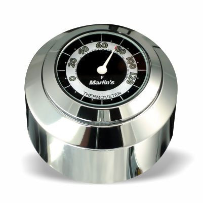 Marlin's Chrome Motorcycle Clock FSBC2 Large Billet Fork Stem Mount Fits Softails® (Does Not Fit Springers®),  ‘06 - Current and Dynas®,  Wide Glides®, FXDWG® most VRSC™ with RETRO Black and White Thermometer (Fahrenheit Scale)Face