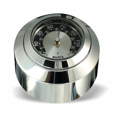 Marlin's Chrome Motorcycle Clock FSBC2 Large Billet Fork Stem Mount Fits Softails® (Does Not Fit Springers®),  ‘06 - Current and Dynas®,  Wide Glides®, FXDWG® most VRSC™ with Black and Silver Horseshoe Thermometer (Fahrenheit Scale) Face