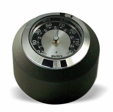 Marlin's Black Motorcycle Clock FSBC2 Large Billet Fork Stem Mount Fits Softails® (Does Not Fit Springers®),  ‘06 - Current and Dynas®,  Wide Glides®, FXDWG® most VRSC™ with Black and Silver Horseshoe Thermometer (Fahrenheit Scale) Face