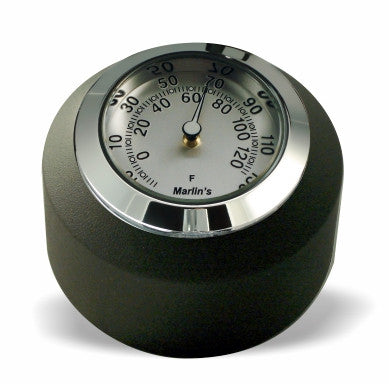 Marlin's Black Motorcycle Clock FSBC2 Large Billet Fork Stem Mount Fits Softails® (Does Not Fit Springers®),  ‘06 - Current and Dynas®,  Wide Glides®, FXDWG® most VRSC™ with Brushed Aluminum Thermometer (Fahrenheit Scale) Face