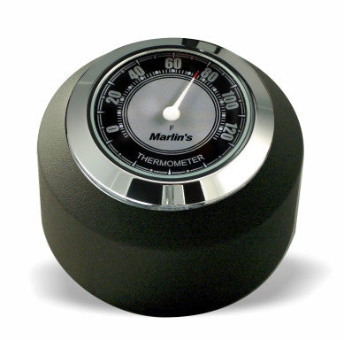 Marlin's Black Motorcycle Clock FSBC2 Large Billet Fork Stem Mount Fits Softails® (Does Not Fit Springers®),  ‘06 - Current and Dynas®,  Wide Glides®, FXDWG® most VRSC™ with CLASSIC Black and Silver Thermometer (Fahrenheit Scale) Face