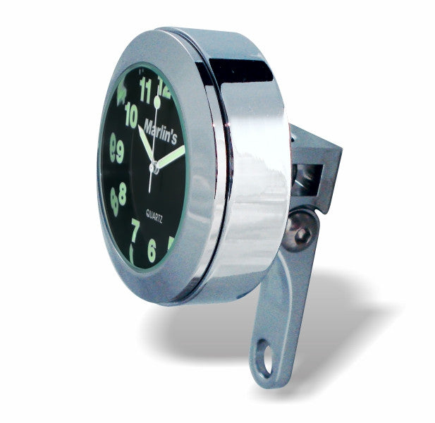 Marlin's Chrome Motorcycle Perch Clamp - Brake/Clutch - Windshield Mount with Traditional Black Clock Face
