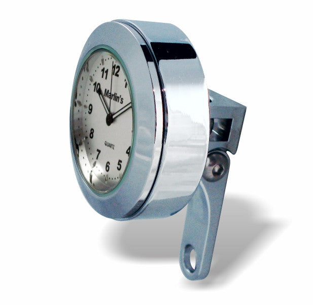 Marlin's Chrome Motorcycle Perch Clamp - Brake/Clutch - Windshield Mount with Brushed Aluminum Clock Face