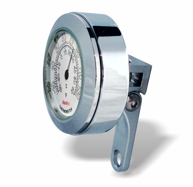Marlin's Chrome Perch Clamp - Brake/Clutch - Windshield Mount with Radiant White (Fahrenheit /Small Celsius Scale) Thermometer Face