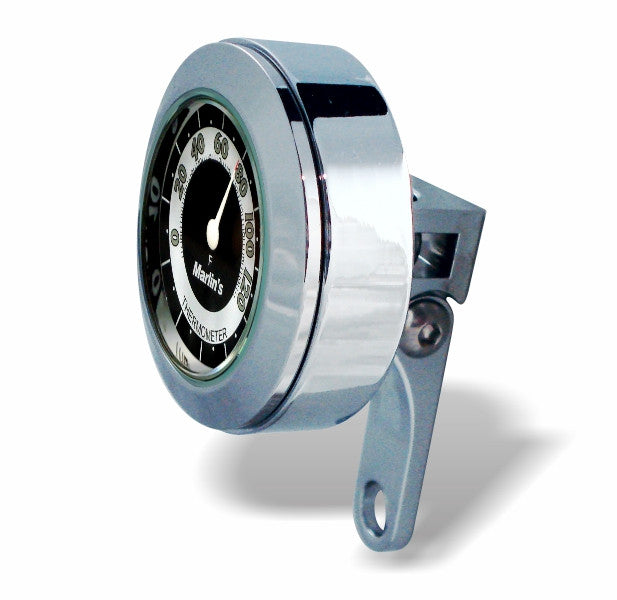 Marlin's Chrome Perch Clamp - Brake/Clutch - Windshield Mount with RETRO Black and White (Fahrenheit Scale) Thermometer Face
