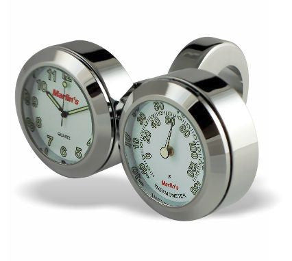 Marlin's Chrome Motorcycle Clock and Thermometer Classic Adjustable Ring Style Handlebar Dual Mount with Radiant White Faces
