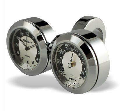 Marlin's Chrome Motorcycle Clock and Thermometer Classic Adjustable Ring Style Handlebar Dual Mount with Black and Silver Horseshoe Faces