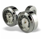 Marlin's Chrome Motorcycle Clock and Thermometer Classic Adjustable Ring Style Handlebar Dual Mount with Black and Silver Horseshoe Faces