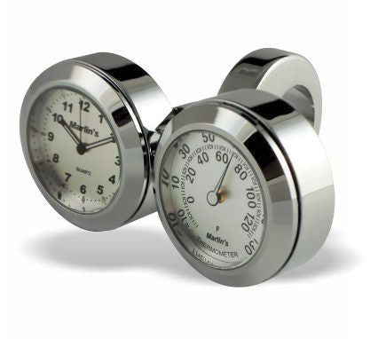 Marlin's Chrome Motorcycle Clock and Thermometer Classic Adjustable Ring Style Handlebar Dual Mount with Brushed Aluminum Faces