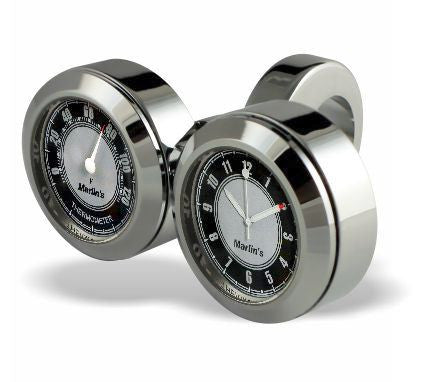 Marlin's Chrome Motorcycle Clock and Thermometer Classic Adjustable Ring Style Handlebar Dual Mount with with CLASSIC Black and Silver Faces