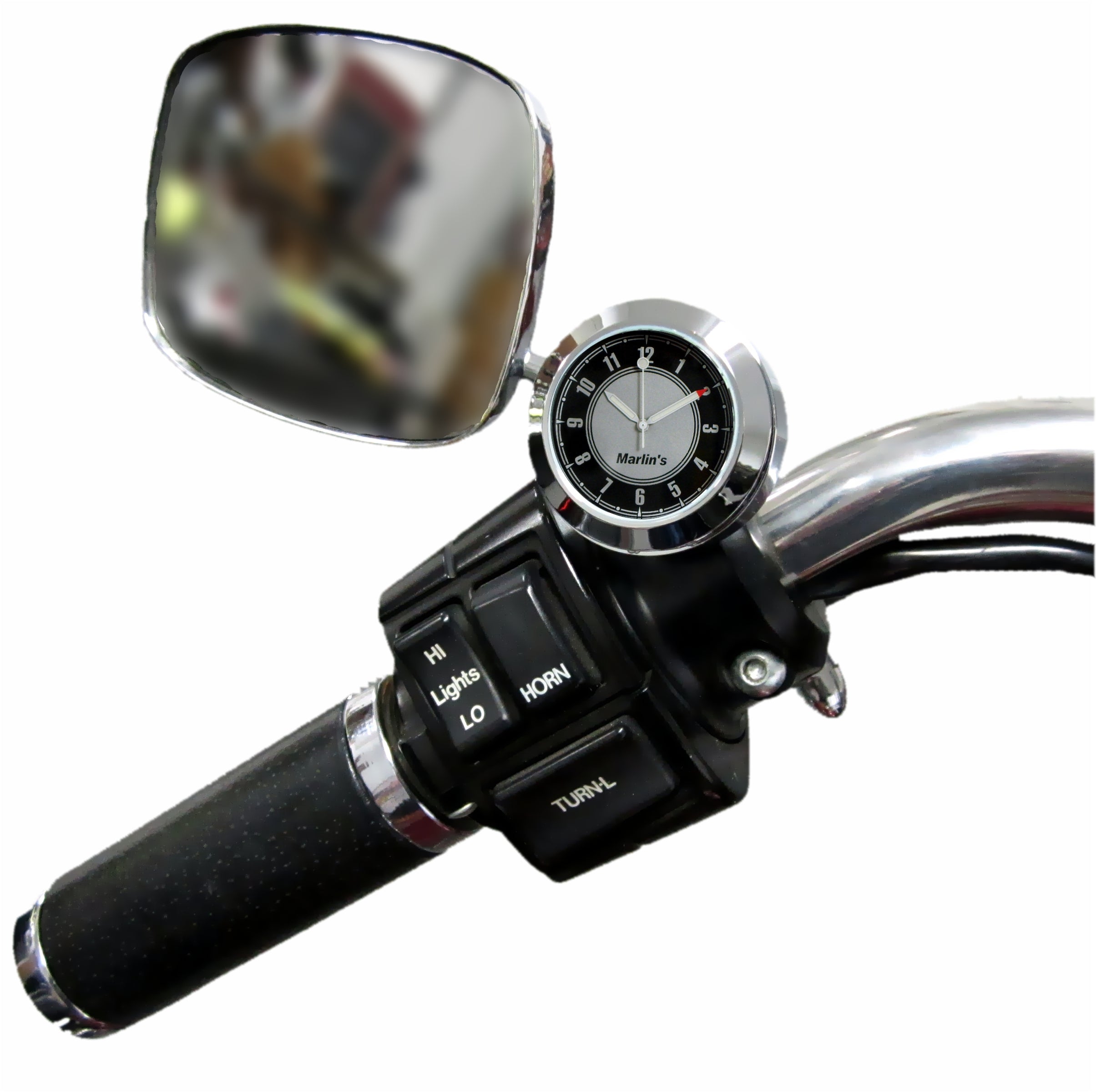 Marlin's Chrome or Black Motorcycle CHAMP Mount (Control Housing with Adjustable Mounting Position) with Clock or Thermometer