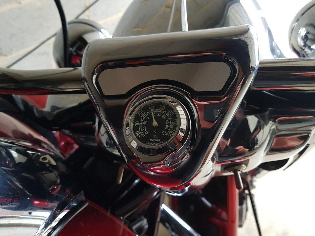Marlin's Chrome or Black Flip Fork Lock Key Cover for Harley Davidson Road King Motorcycle with Clock or Thermometer