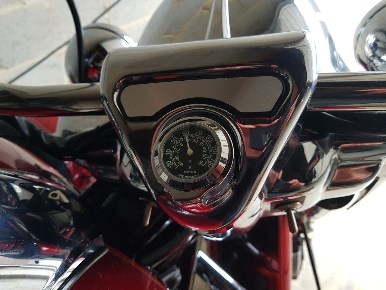 Marlin's Chrome or Black Flip Fork Lock Key Cover for Harley Davidson Road King Motorcycle with Clock or Thermometer