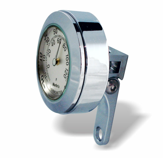 Marlin's Chrome or Black Motorcycle Perch Clamp - Brake/Clutch - Windshield Mount with Clock or Thermometer