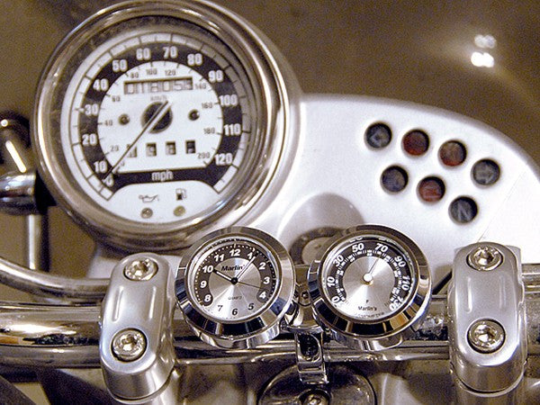 Marlin's Chrome Motorcycle Clock and Thermometer Classic Adjustable Ring Style Handlebar Dual Mount with Radiant White Faces