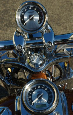 Marlin's Black Motorcycle Clock FSBC2 Large Billet Fork Stem Mount Fits Softails® (Does Not Fit Springers®),  ‘06 - Current and Dynas®,  Wide Glides®, FXDWG® most VRSC™ with Black and Silver Horseshoe Clock Face