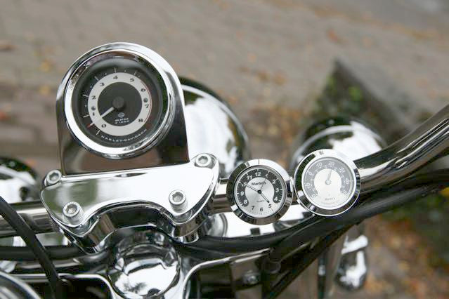 Marlin's Chrome Motorcycle Clock and Thermometer Classic Adjustable Ring Style Handlebar Dual Mount with Black and Silver Horseshoe Faces