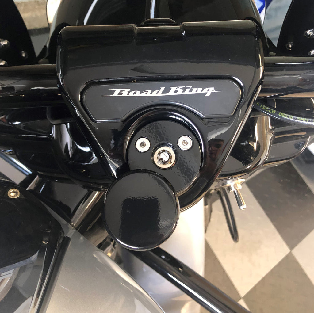 Marlin's Chrome or Black Swivel Fork Lock Key Cover for Harley Davidson Road King FLHR Motorcycle