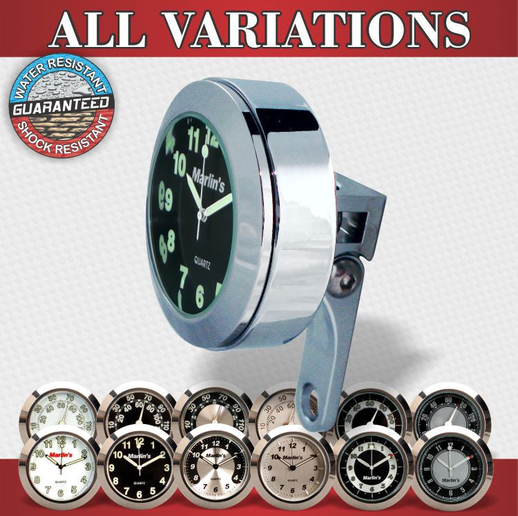 Marlin's Chrome or Black Motorcycle Perch Clamp - Brake/Clutch - Windshield Mount with Clock or Thermometer