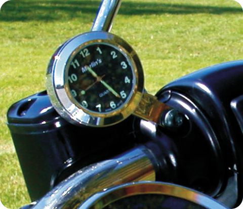 Marlin's Chrome or Black Motorcycle Perch Clamp - Brake/Clutch - Windshield Mount with Clock or Thermometer