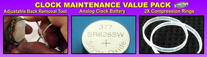 Clock Maintenance Value Pack - Includes Analog clock battery (#377), Clock back removal tool and two compression rings
