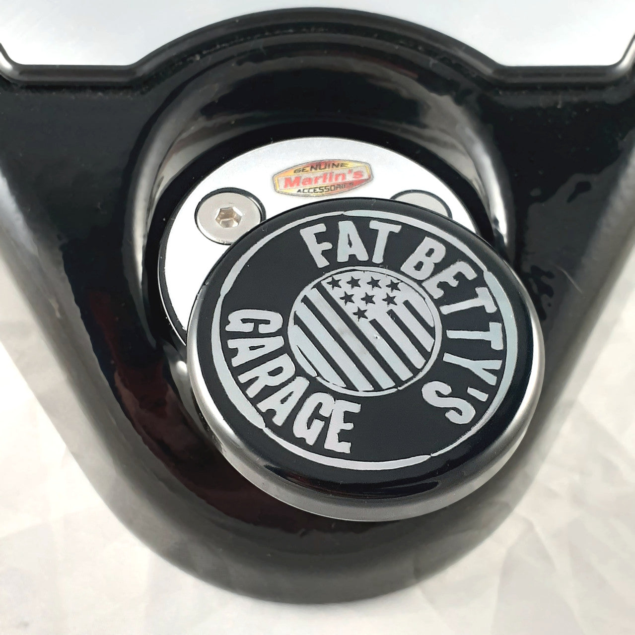Marlin's Gloss Black Swivel Fork Lock Key Cover with Custom Laser Engraving for Harley Davidson Road King FLHR Motorcycle