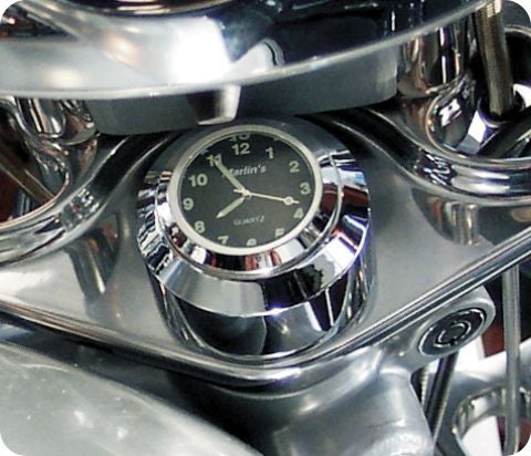Marlin's Chrome Motorcycle Clock FSBC2 Large Billet Fork Stem Mount Fits Softails® (Does Not Fit Springers®),  ‘06 - Current and Dynas®,  Wide Glides®, FXDWG® most VRSC™ with Black and Silver Horseshoe Thermometer (Fahrenheit Scale) Face
