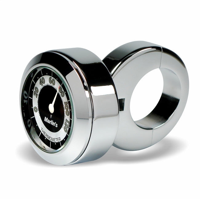 Marlin's Chrome Motorcycle Thermometer Classic Adjustable Ring Style Handlebar Mount with RETRO Black and White (Fahrenheit Scale) Face