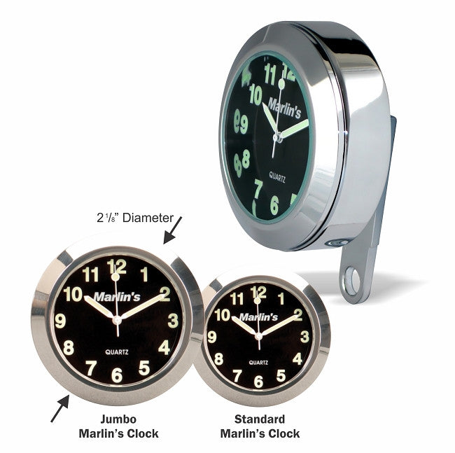 Marlin's Motorcycle Clock Limited Edition JUMBO Perch Clamp - Brake/Clutch - Windshield Mount with Traditional Black Clock Face