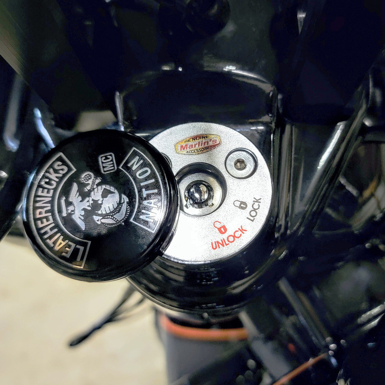 Marlin's Swivel Fork Lock Key Cover with "Leathernecks Nation"  Laser Engraving for Harley Davidson Road King FLHR Motorcycle