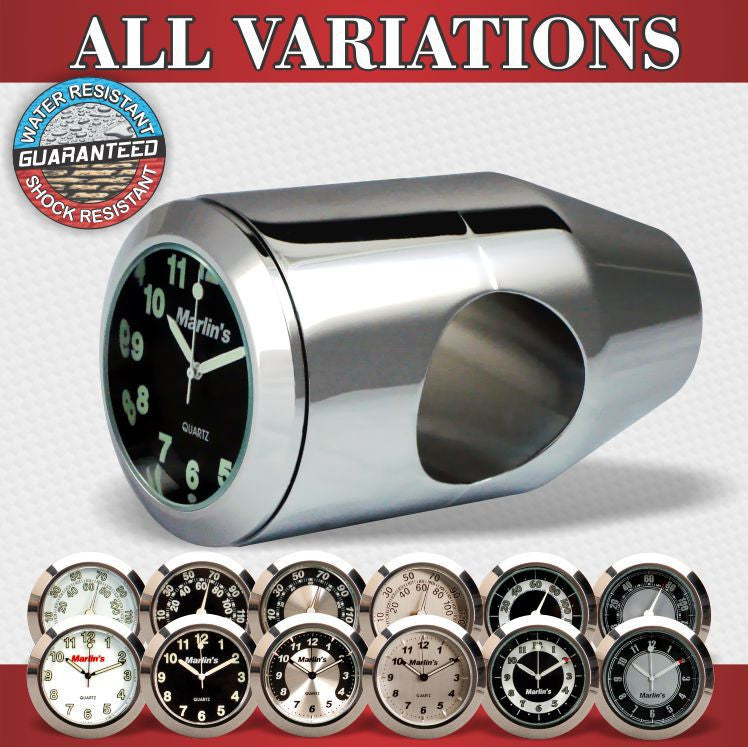 Marlin's Chrome or Black Motorcycle Bullet Billet Style Handlebar Mount with Clock or Thermometer