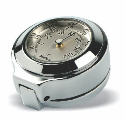 Marlin's Chrome Motorcycle Thermometer for Harley Davidson Road King Flip Fork Lock Key Cover with Brushed Aluminum (Fahrenheit Scale) Face