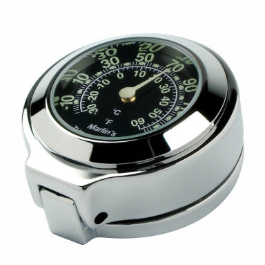 Marlin's Chrome Motorcycle Thermometer for Harley Davidson Road King Flip Fork Lock Key Cover with Traditional Black (Fahrenheit /Small Celsius Scale) Face