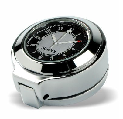 Marlin's Chrome Motorcycle Clock for Harley Davidson Road King Flip Fork Lock Key Cover with CLASSIC Black and Silver Face