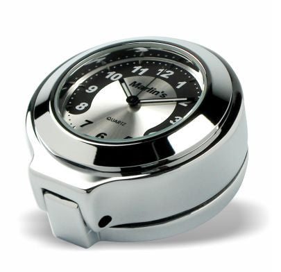 Marlin's Chrome Motorcycle Clock for Harley Davidson Road King Flip Fork Lock Key Cover with Black and Silver Horseshoe Face