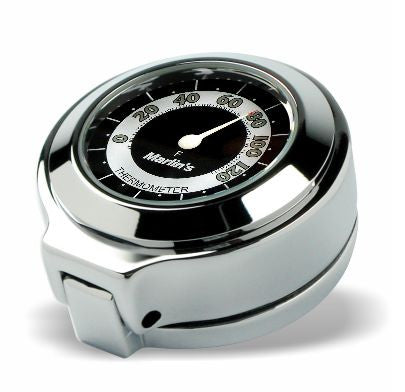Marlin's Chrome Motorcycle Thermometer for Harley Davidson Road King Flip Fork Lock Key Cover with RETRO Black and White  (Fahrenheit Scale) Face