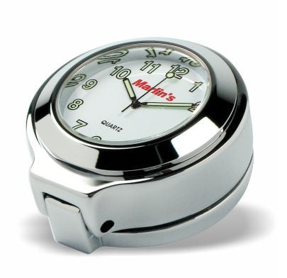 Marlin's Chrome Motorcycle Clock for Harley Davidson Road King Flip Fork Lock Key Cover with Radiant White Face