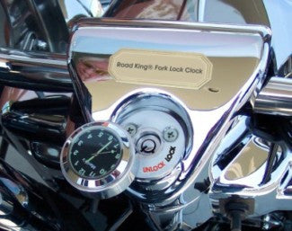 Marlin's Chrome Motorcycle Clock for Harley Davidson Road King Swivel Fork Lock Key Cover with Radiant White Face