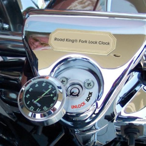 Marlin's Chrome or Black Swivel Fork Lock Key Cover for Harley Davidson Road King FLHR Motorcycle with Clock or Thermometer