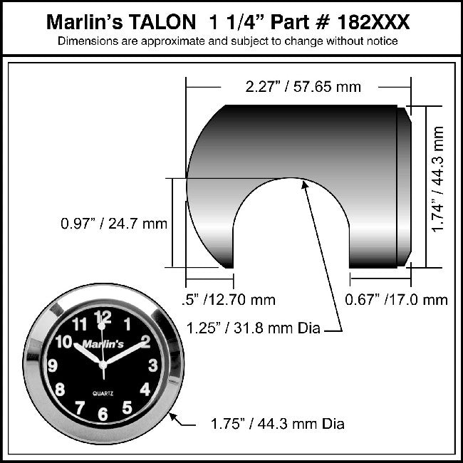 Marlin's Chrome Motorcycle Clock Talon Motorcycle Handlebar Mount with CLASSIC Black and Silver Face