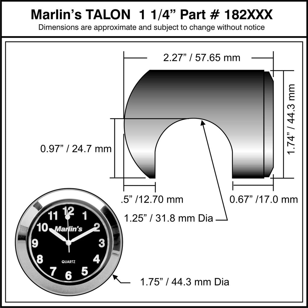 Marlin's Chrome or Black Talon Motorcycle Handlebar Mount  with Clock or Thermometer
