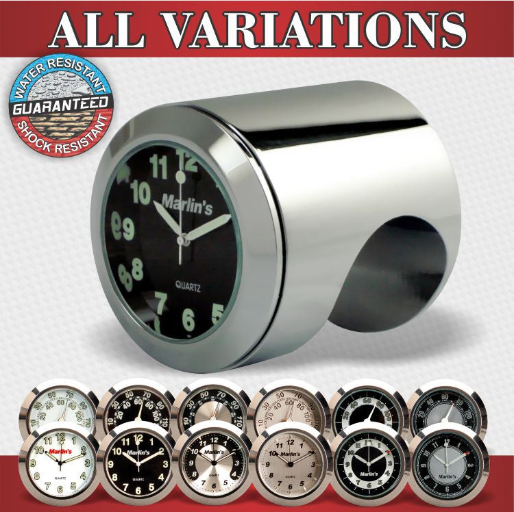 Marlin's Chrome or Black Talon Motorcycle Handlebar Mount  with Clock or Thermometer