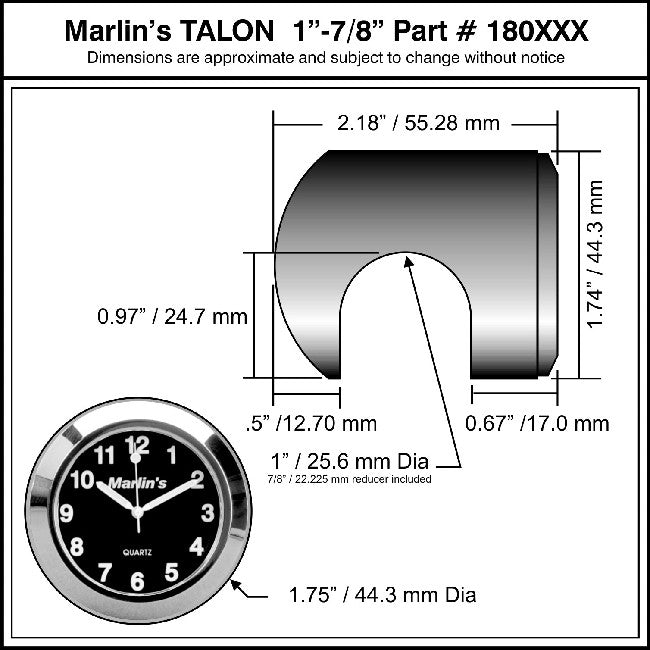 Marlin's Chrome Motorcycle Clock Talon Motorcycle Handlebar Mount with Black and Silver Horseshoe Face