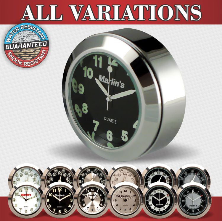 Marlin's Chrome or Black TOCS Multi-Purpose Tape / Screw On Motorcycle Clock or Thermometer For Road King FLHR Tank Panel, Flat Surface Mount, Snowmobile, Jetski, Car Dash, RV and More