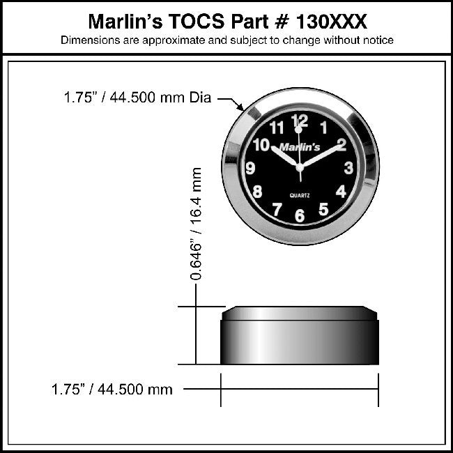 Marlin's Black Motorcycle Clock TOCS Multi-Purpose Tape / Screw On with Traditional Black Clock - Fits Road King Tank and Flat Panel & More