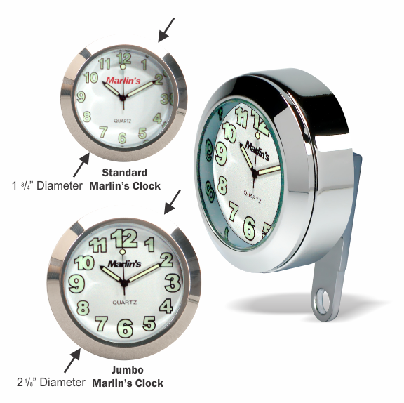 Marlin's Black Mount Motorcycle Limited Edition JUMBO Perch Clamp - Brake/Clutch - Windshield Mount with Radiant White Clock Face